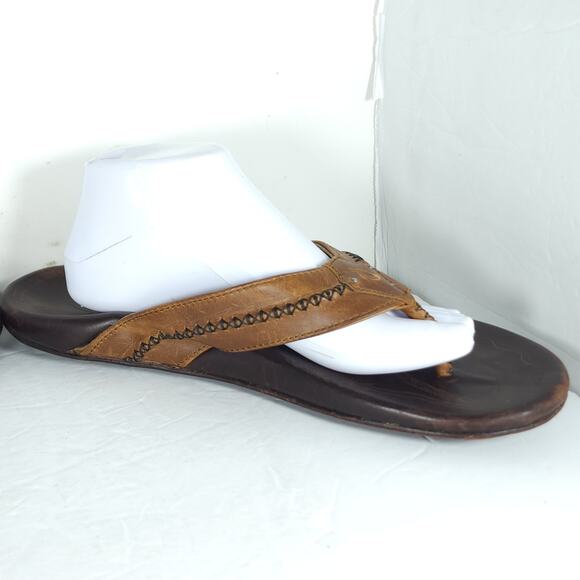 Olukai Men\'s Mea Ola US12 Brown Leather Embroidered Slip On Flat Thong Sandals main image 4